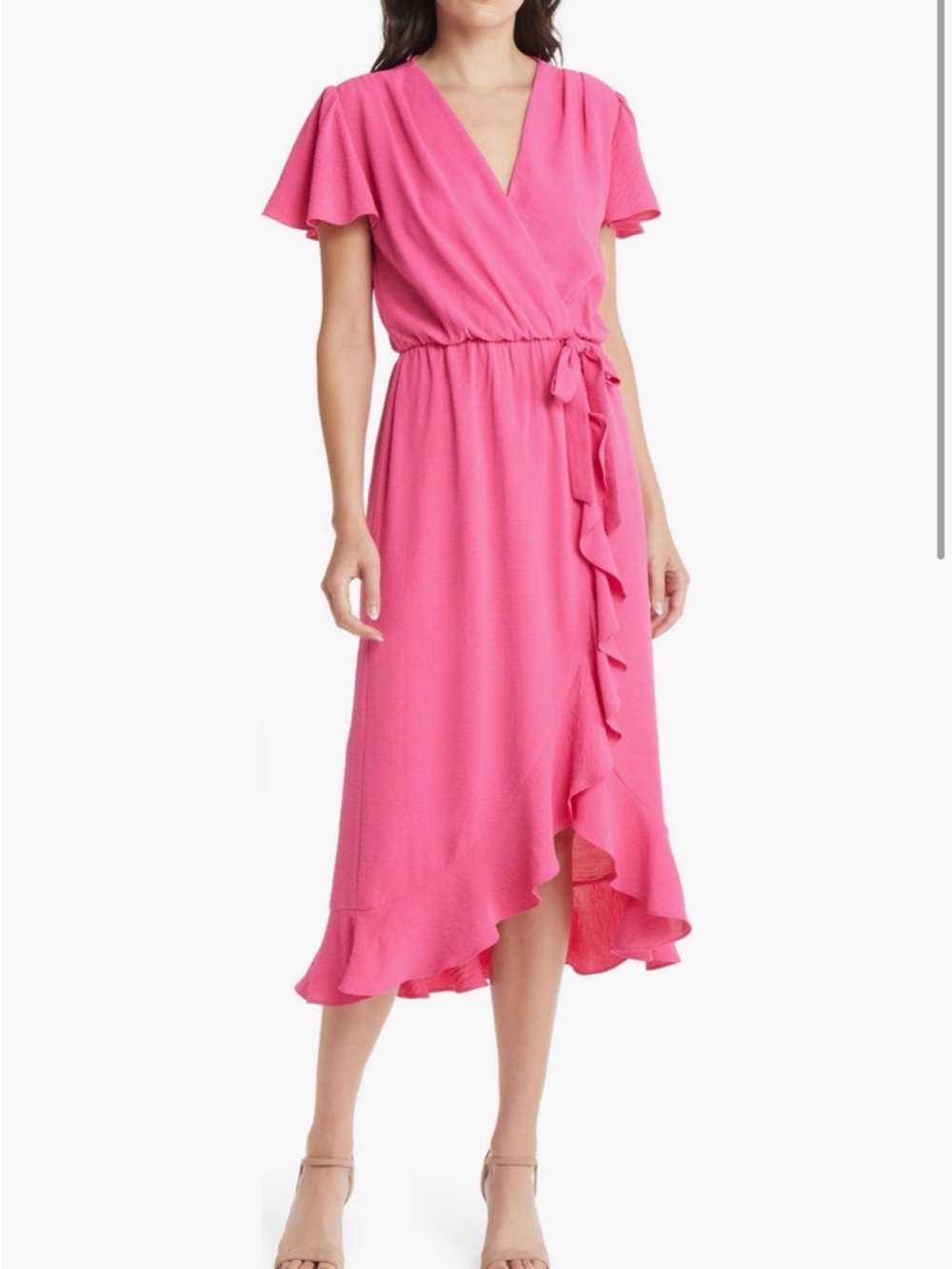 Fraiche by J Pink Ruffle Faux Wrap Midi Dress Size L